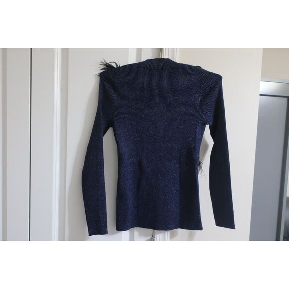Navy Shimmer Ribbed Knit Sweater Feather Fringe Women Small Pristine Condition - Picture 4 of 7